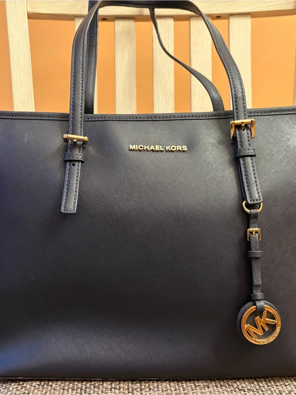 Michael Kors Navy Saffiano Leather Tote with Gold Hardware